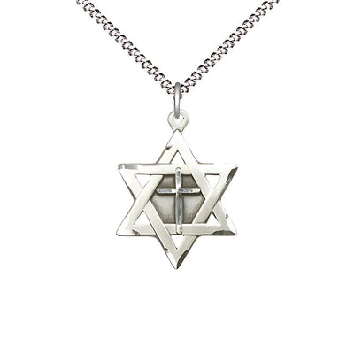 Pewter Star of David w/ Cross Pendant on a 18 inch Light Rhodium-plated Light Curb Chain, 7/8-inch tall by 5/8-inch wide, Bliss Manufacturing