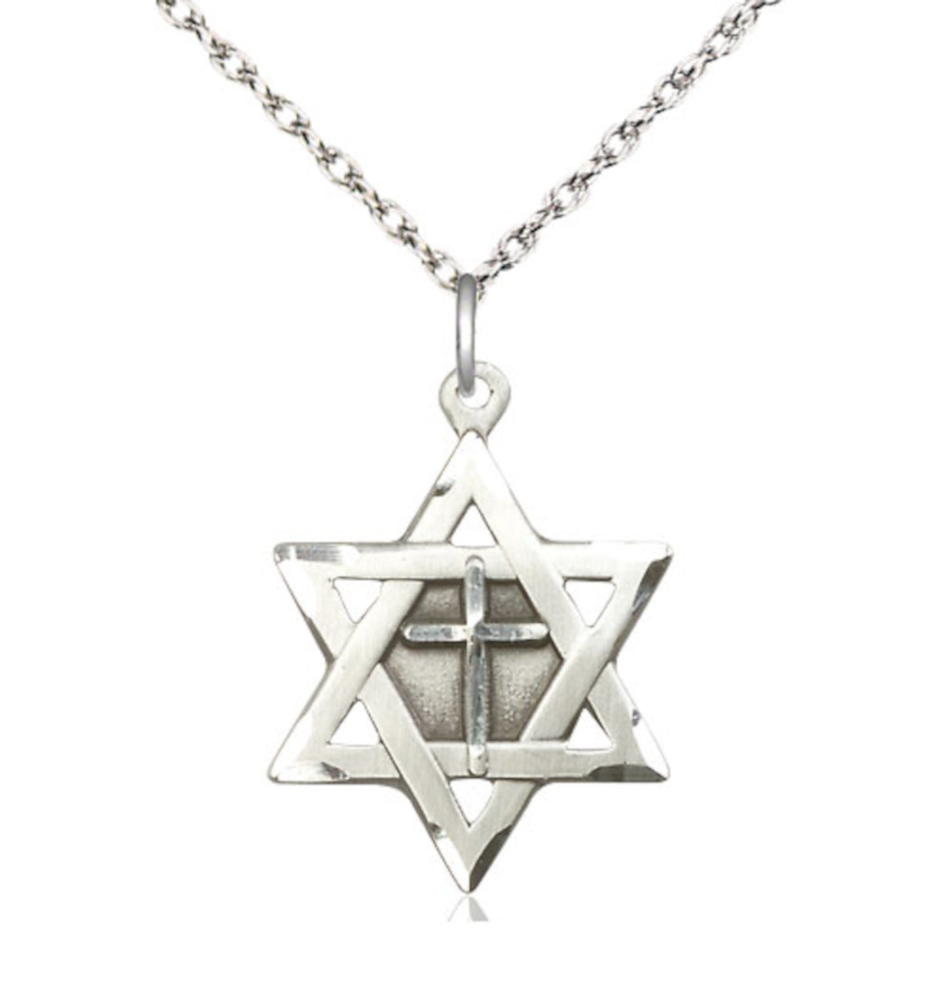 Bliss Sterling Silver Star of David w/ Cross Pendant on a 18 inch Sterling Silver Light Rope Chain,