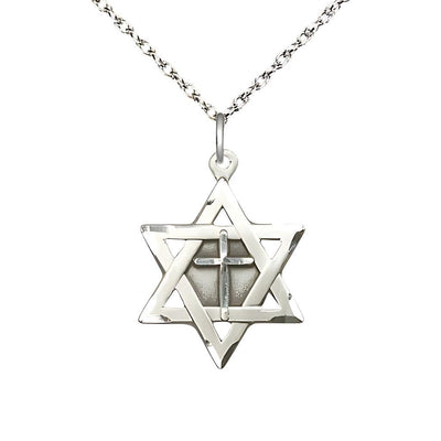 Sterling Silver Star of David w/ Cross Pendant on a 18 inch Sterling Silver Light Rope Chain, 7/8-inch tall by 5/8-inch wide, Bliss Manufacturing