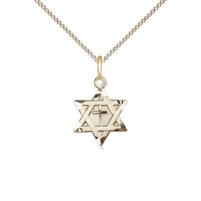 14kt Gold Filled Star of David w/ Cross Pendant on a 18 inch Gold Filled Light Curb Chain, 1/2-inch tall by 3/8-inch wide, Bliss Manufacturing