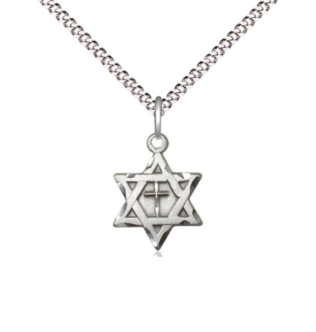 Bliss Sterling Silver Star of David w/ Cross Pendant on a 18 inch Light Rhodium Light Curb Chain,