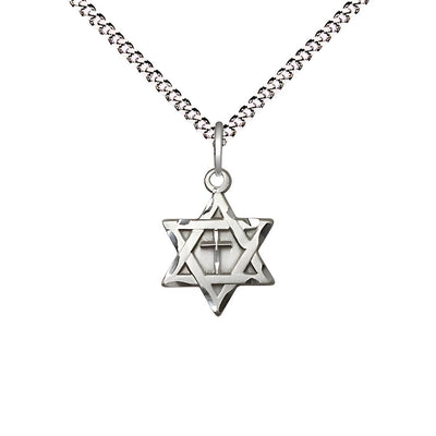 Sterling Silver Star of David w/ Cross Pendant on a 18 inch Light Rhodium-plated Light Curb Chain, 1/2-inch tall by 3/8-inch wide, Bliss Manufacturing
