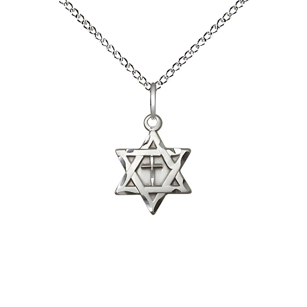 Bliss Sterling Silver Star of David w/ Cross Pendant on a 18 inch Sterling Silver Light Curb Chain, 1/2-inch tall by 3/8-inch wide