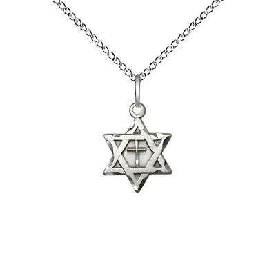 Sterling Silver Star of David w/ Cross Pendant on a 18 inch Sterling Silver Light Curb Chain, 1/2-inch tall by 3/8-inch wide, Bliss Manufacturing