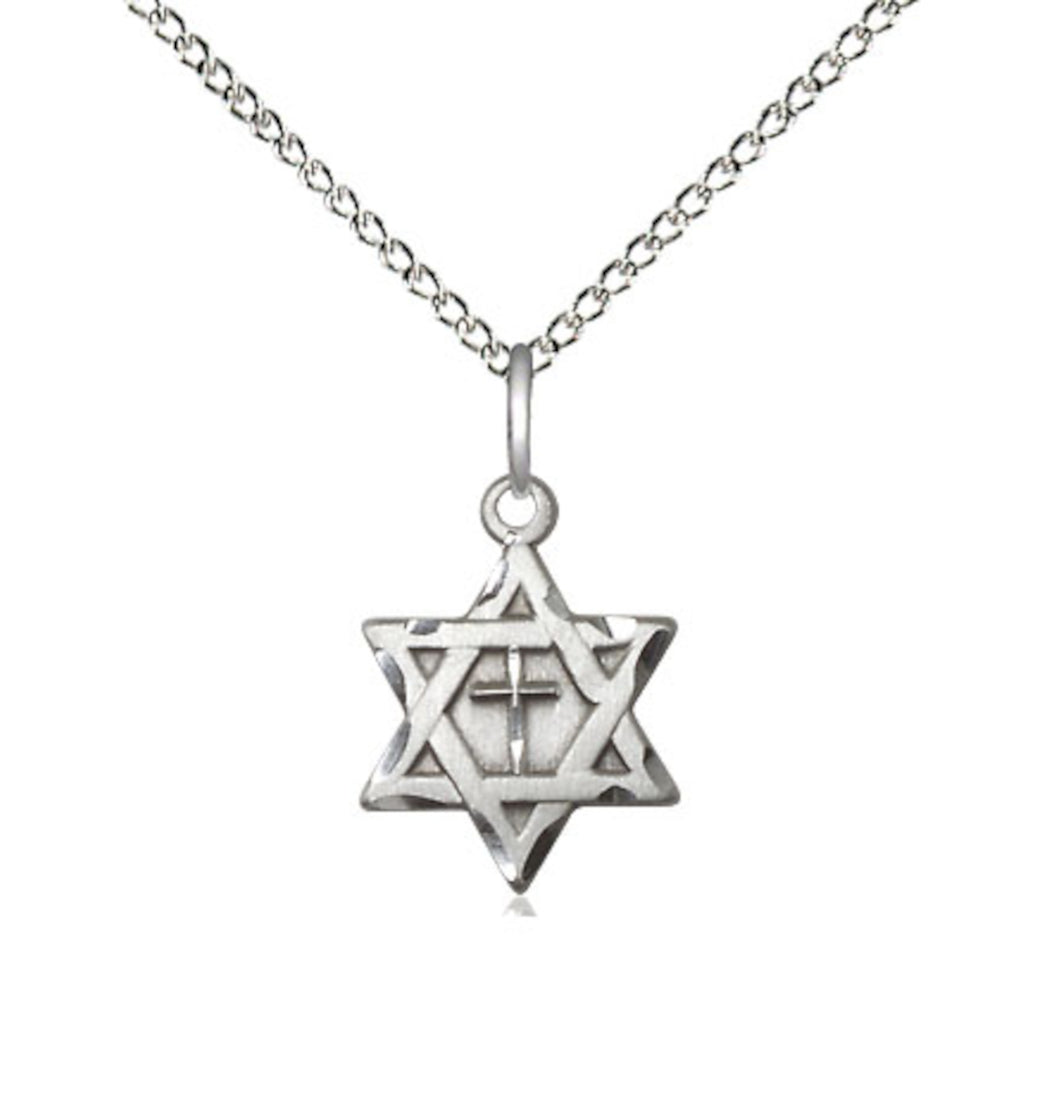 Bliss Sterling Silver Star of David w/ Cross Pendant on a 18 inch Sterling Silver Light Curb Chain,