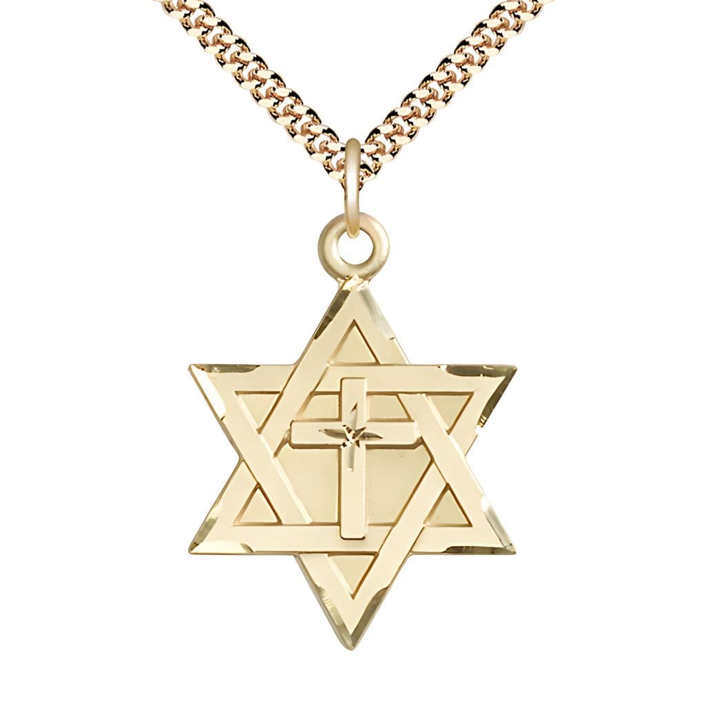 Bliss Large 14kt Gold Filled Star of David w/ Cross Pendant on a Gold-Plate Heavy Curb Chain, 1 1/4-inch tall by 7/8-inch wide