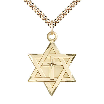 Large 14kt Gold Filled Star of David w/ Cross Pendant on a Gold-Plate Heavy Curb Chain, 1 1/4-inch tall by 7/8-inch wide, Bliss Manufacturing