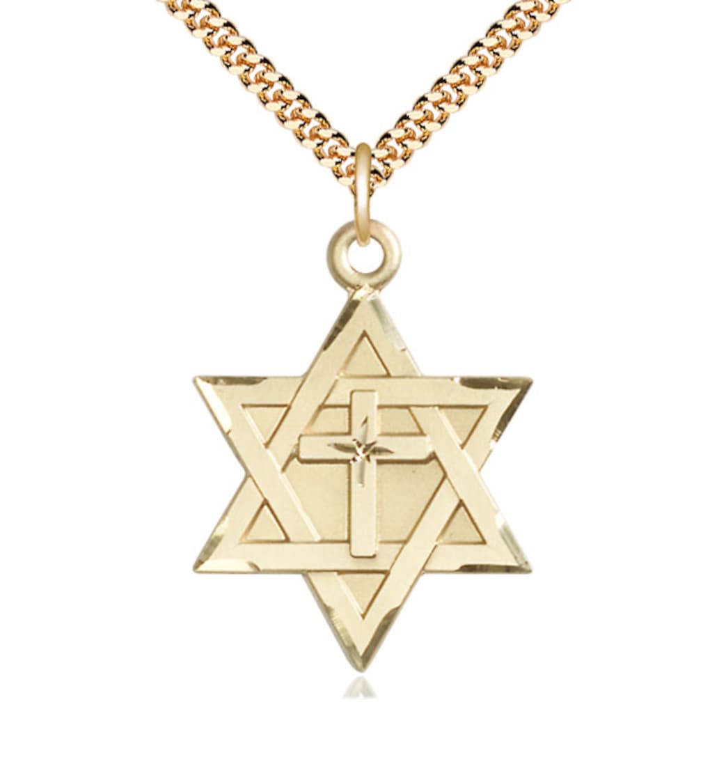 Bliss Large 14kt Gold Filled Star of David w/ Cross Pendant on a 27 inch Gold Plate Heavy Curb Chain,