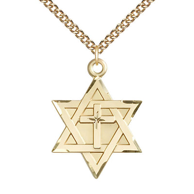 Large 14kt Gold Filled Star of David with Cross Pendant on a Gold Filled Heavy Curb Chain, 1 1/4-inch tall by 7/8-inch wide, Bliss Manufacturing