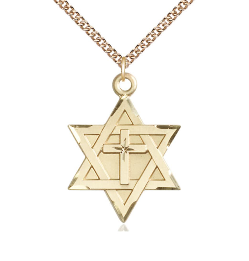 Bliss 14kt Gold Star of David w/ Cross Pendant on a 24 inch 14kt Gold Heavy Curb Chain,