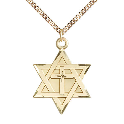14kt Gold Star of David w/ Cross Pendant on a 24 inch 14kt Gold Heavy Curb Chain, 1 1/4-inch tall by 7/8-inch wide, Bliss Manufacturing