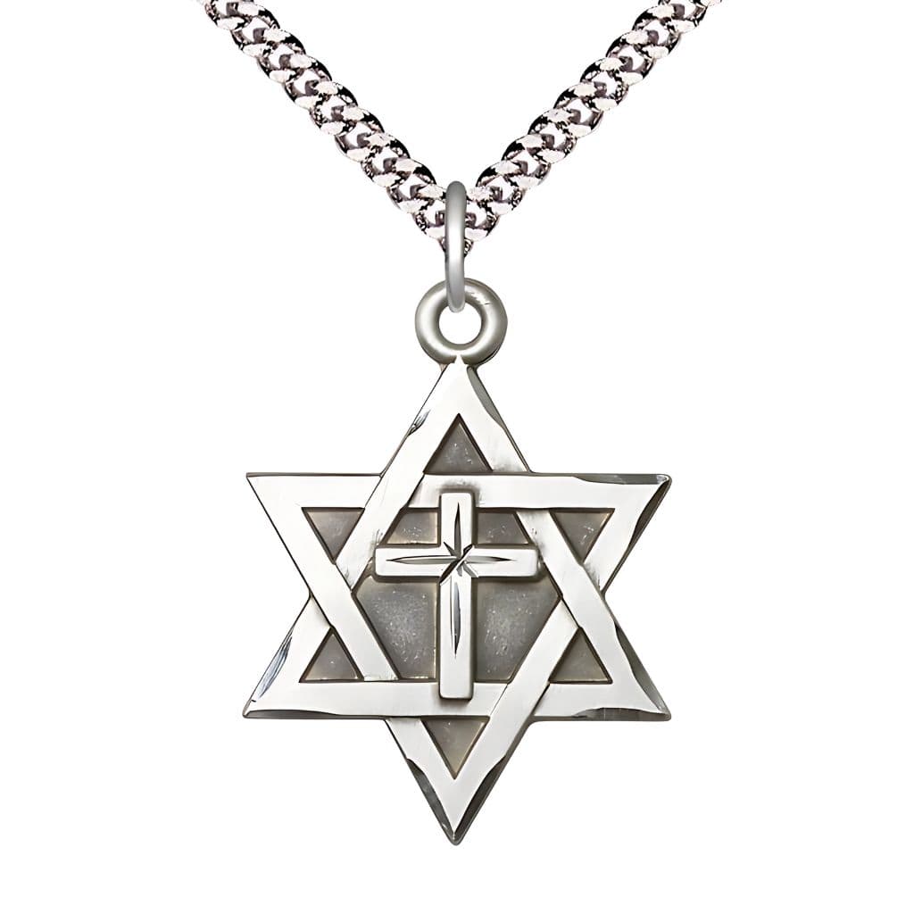 Bliss Large Sterling Silver Star of David with Cross Pendant on a 24 inch Rhodium-plated Heavy Curb Chain, 1 1/4-inch tall by 7/8-inch wide