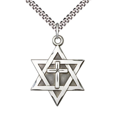 Large Sterling Silver Star of David with Cross Pendant on a 24 inch Rhodium-plated Heavy Curb Chain, 1 1/4-inch tall by 7/8-inch wide, Bliss Manufacturing