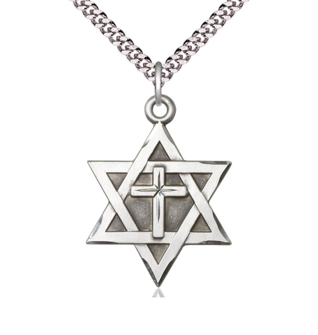 Bliss Large Sterling Silver Star of David w/ Cross Pendant on a 24 inch Light Rhodium Heavy Curb Chain,