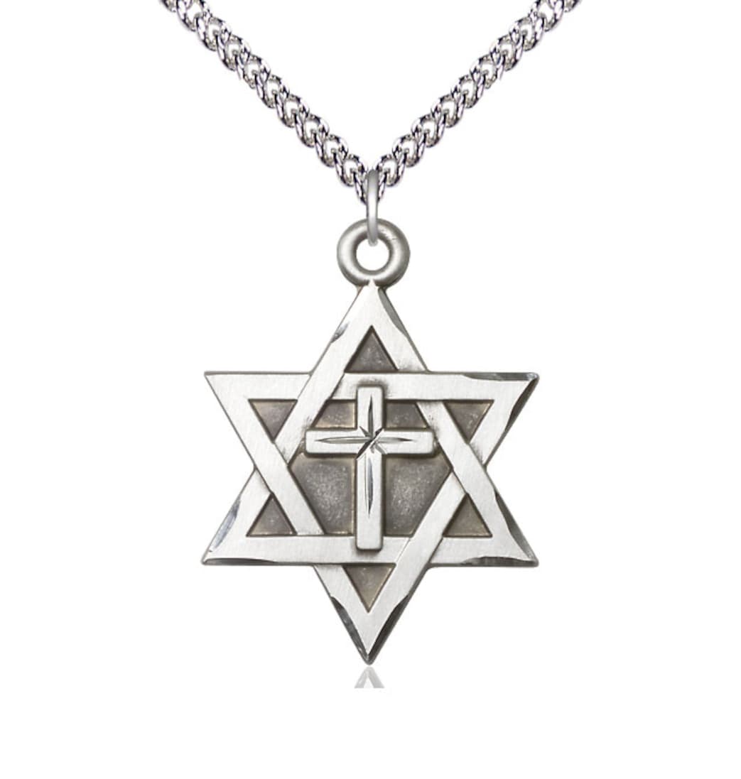 Bliss Sterling Silver Star of David w/ Cross Pendant on a 24 inch Sterling Silver Heavy Curb Chain,