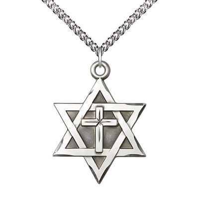 Sterling Silver Star of David with Cross Pendant on a 24 inch Sterling Silver Heavy Curb Chain, 1 1/4-inch tall by 7/8-inch wide, Bliss Manufacturing