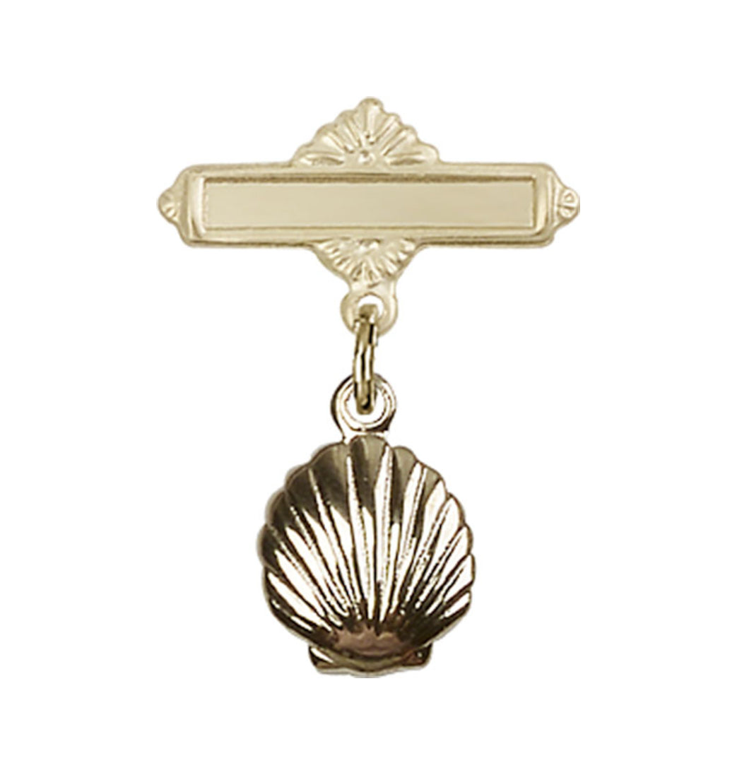 Gold Filled Bliss Baby Bar w/Baptism Shell Charm/Engravable Polished Badge Pin,