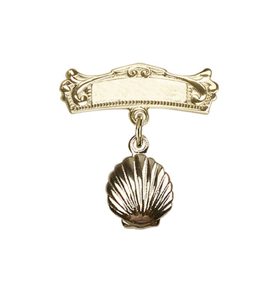 Gold Filled Baby Baptism Shell Charm w/Engravable Arched Polished Badge Pin, Bliss Manufacturing