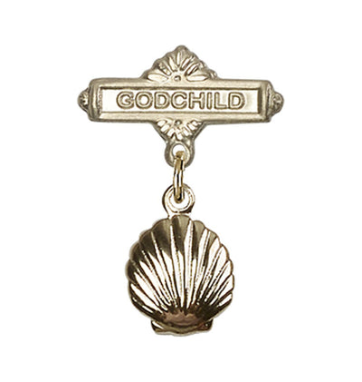 Gold Filled Mfg Baby Bar Pin w/Baptism Shell Charm and Godchild Badge, Bliss Manufacturing