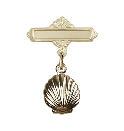 14kt Gold Baby Bar w/Baptism Shell Charm/Engravable Polished Badge Pin, Bliss Manufacturing