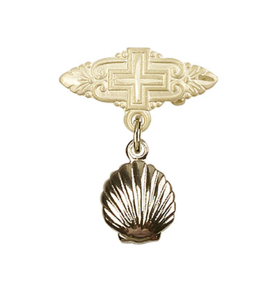 14kt Gold Mfg Baby Bar Pin w/Baptism Shell Charm and Badge with Cross, Bliss Manufacturing