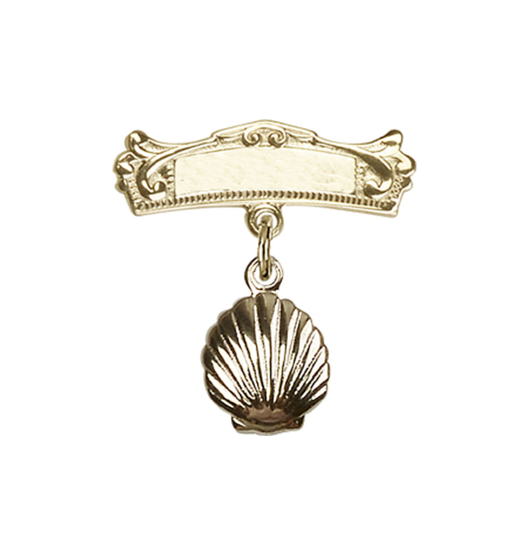 14kt Gold Bliss Baby Baptism Shell Charm w/Engravable Arched Polished Badge Pin,