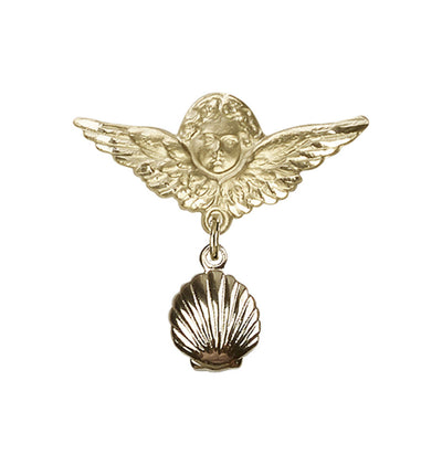 14kt Gold Baby Bar w/Baptism Shell Charm and Angel w/Wings Badge Pin, Bliss Manufacturing