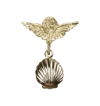 14kt Gold Baby Bar Pin w/Baptism Shell Charm w/Small Wings Badge, Bliss Manufacturing
