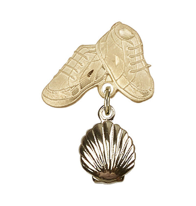 14kt Gold Mfg Baby Bar Pin w/Baptism Shell Charm and Baby Boots, Bliss Manufacturing