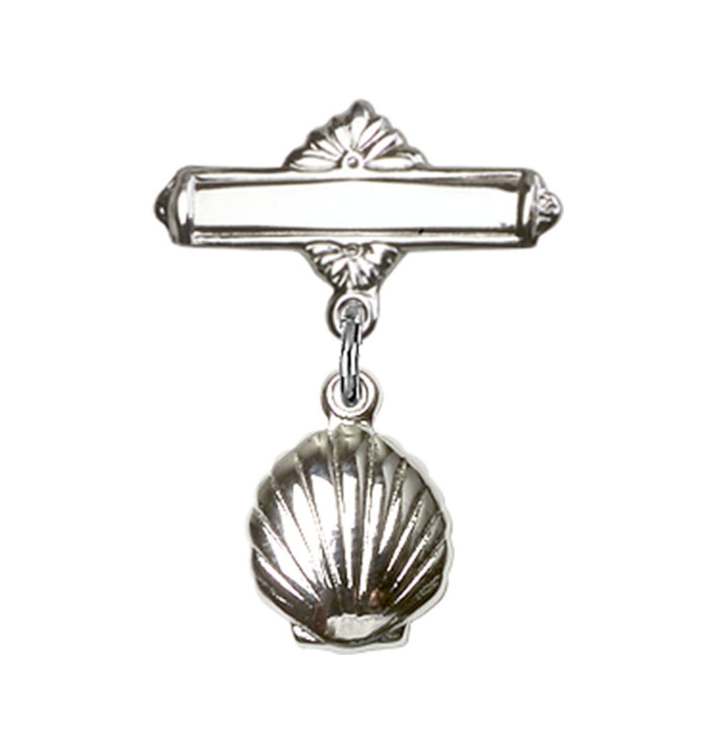 Sterling Silver Bliss Baby Bar w/Baptism Shell Charm/Engravable Polished Badge Pin,