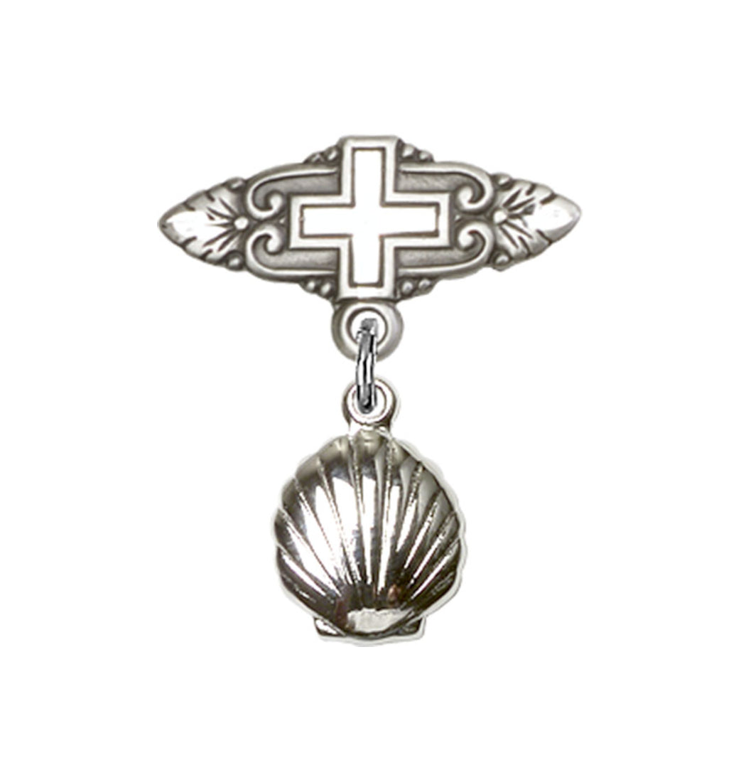 Sterling Silver Bliss Mfg Baby Bar Pin w/Baptism Shell Charm and Badge with Cross,