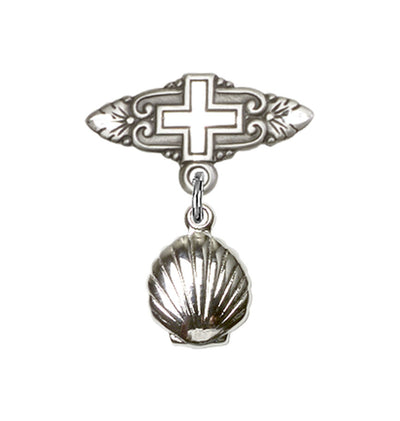 Sterling Silver Mfg Baby Bar Pin w/Baptism Shell Charm and Badge with Cross, Bliss Manufacturing