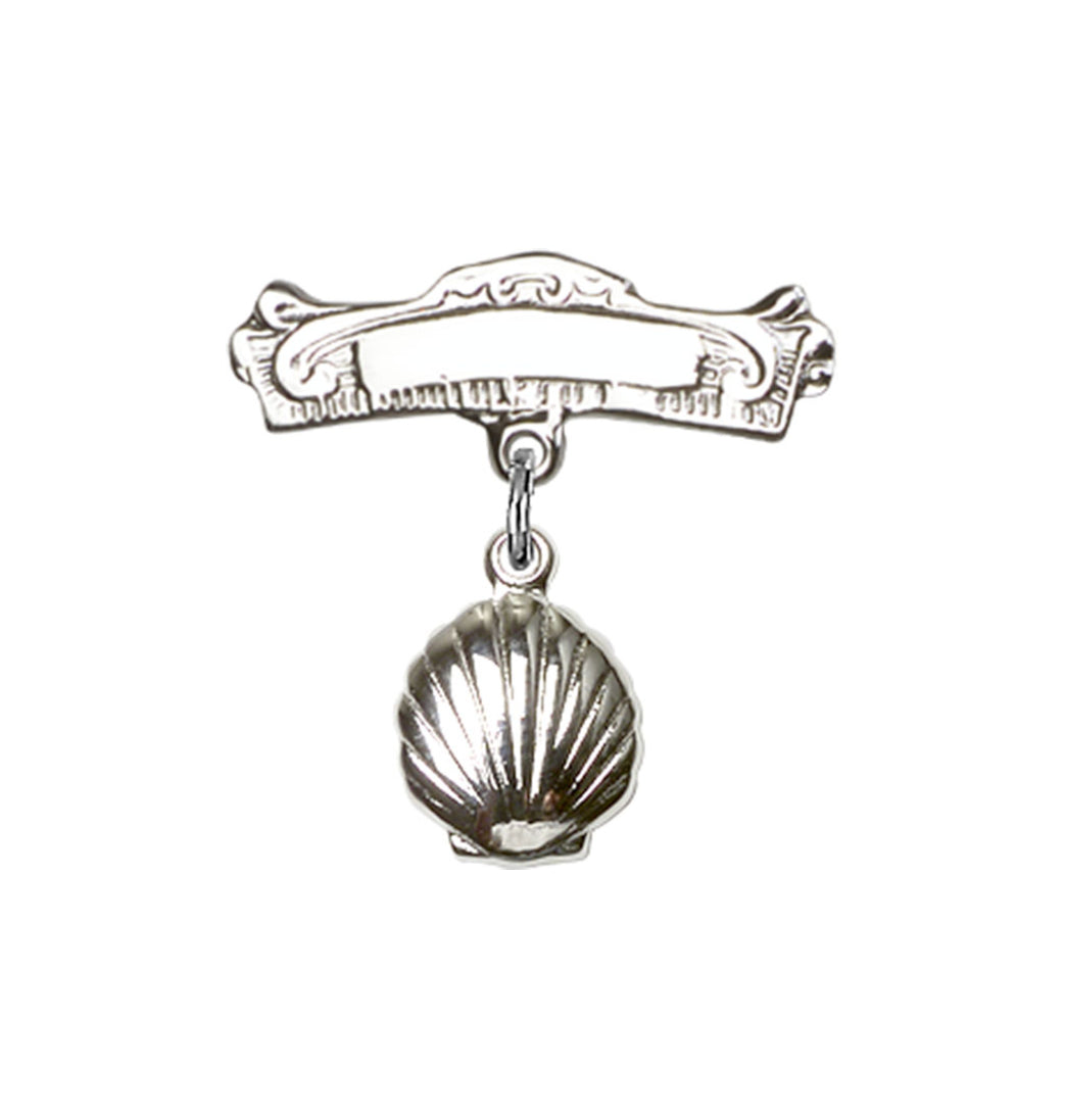 Sterling Silver Bliss Baby Baptism Shell Charm w/Engravable Arched Polished Badge Pin,