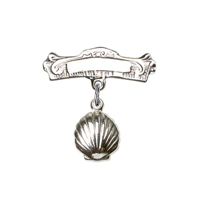Sterling Silver Baby Baptism Shell Charm w/Engravable Arched Polished Badge Pin, Bliss Manufacturing