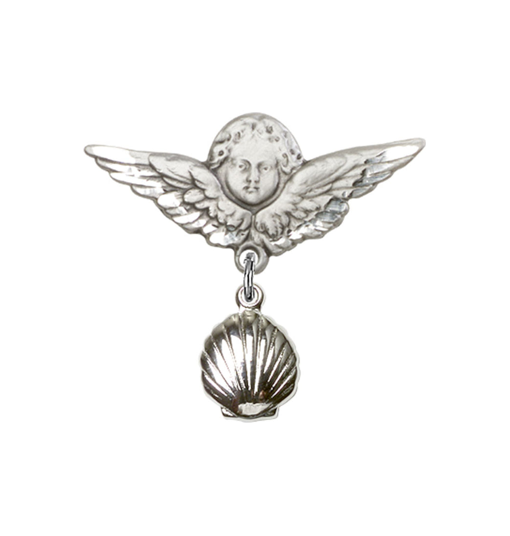 Sterling Silver Bliss Baby Bar w/Baptism Shell Charm and Angel w/Wings Badge Pin,