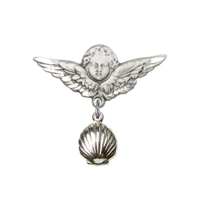 Sterling Silver Baby Bar w/Baptism Shell Charm and Angel w/Wings Badge Pin, Bliss Manufacturing