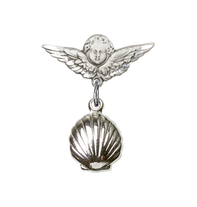 Sterling Silver Baby Bar Pin w/Baptism Shell Charm w/Small Wings Badge, Bliss Manufacturing