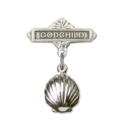 Sterling Silver Mfg Baby Bar Pin w/Baptism Shell Charm and Godchild Badge, Bliss Manufacturing
