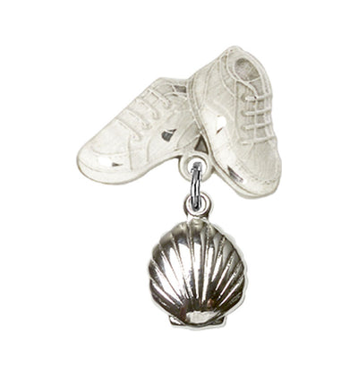 Sterling Silver Mfg Baby Bar Pin w/Baptism Shell Charm and Baby Boots, Bliss Manufacturing