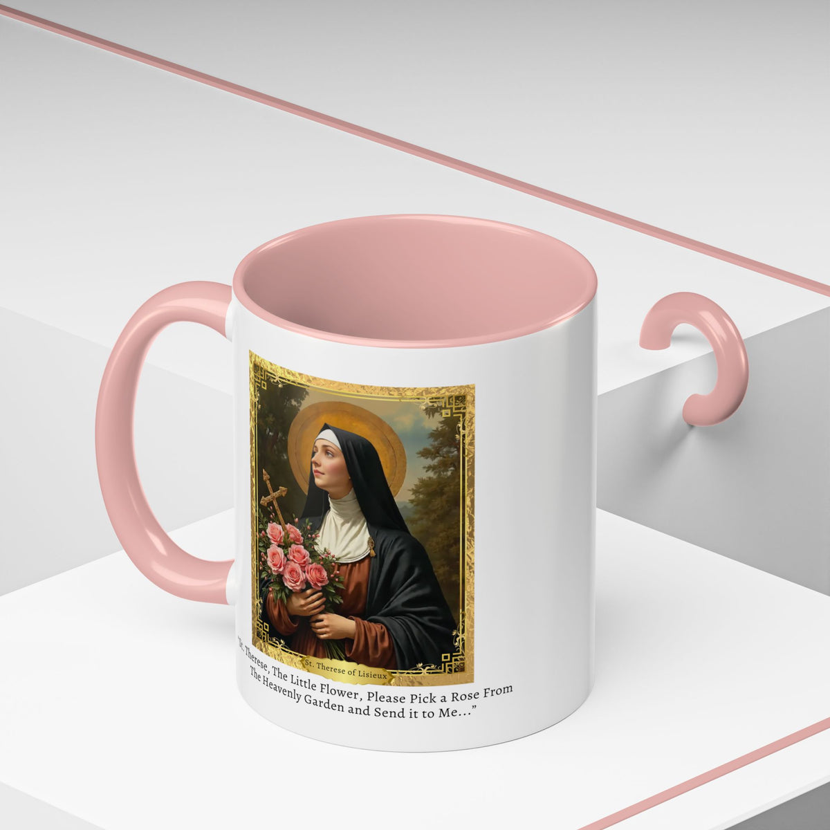 St. Therese of Lisieux Rose from Heaven Prayer Card Devotional Coffee Mug - 11oz Little Flower Accent Cup