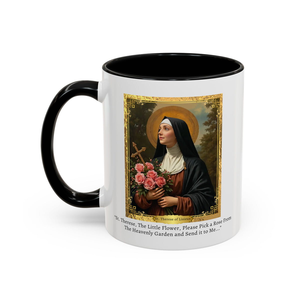 St. Therese of Lisieux Rose from Heaven Prayer Card Devotional Coffee Mug - 11oz Little Flower Accent Cup