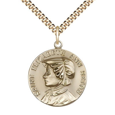 St. Elizabeth Ann Seton 14kt Gold-filled Round Medal Pendant with Gold-plated Chain, Measures 1-inch tall by 7/8-inch wide, Bliss Manufacturing