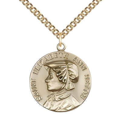 St. Elizabeth Ann Seton 14kt Gold-filled Round Medal Pendant with Gold-filled Chain, Measures 1-inch tall by 7/8-inch wide, Bliss Manufacturing