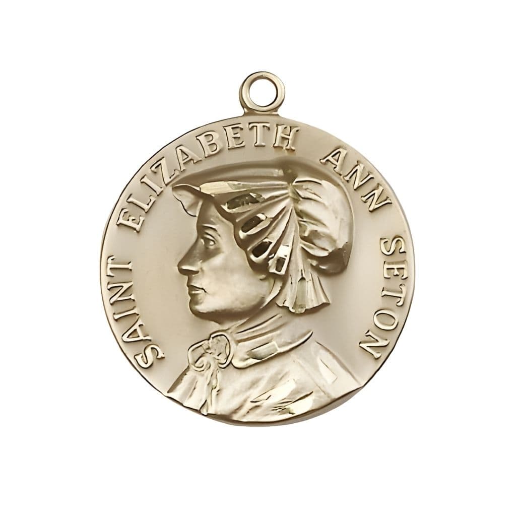 St. Elizabeth Ann Seton 14kt Gold Round Medal Pendant, Measures 1-inch tall by 7/8-inch wide.