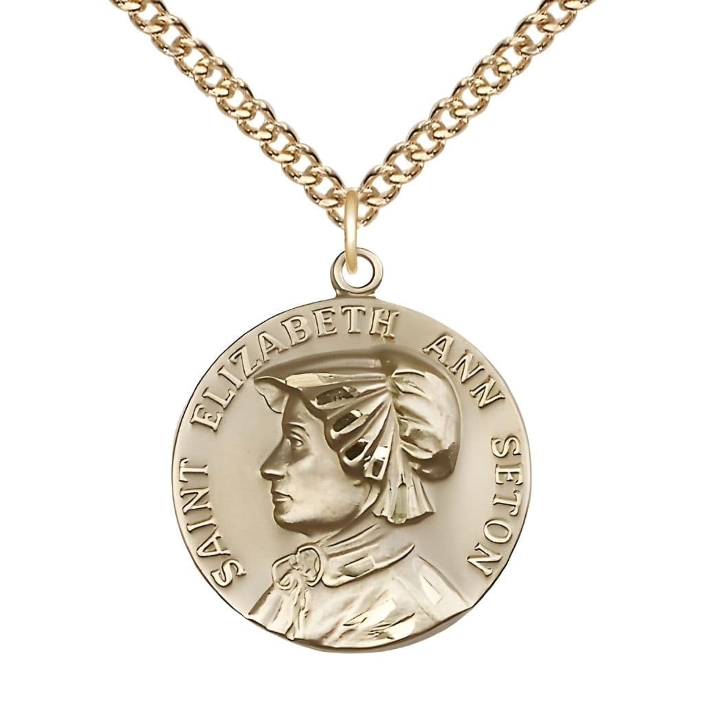 St. Elizabeth Ann Seton 14kt Gold Round Medal Pendant with 14kt Gold Chain, Measures 1-inch tall by 7/8-inch wide.
