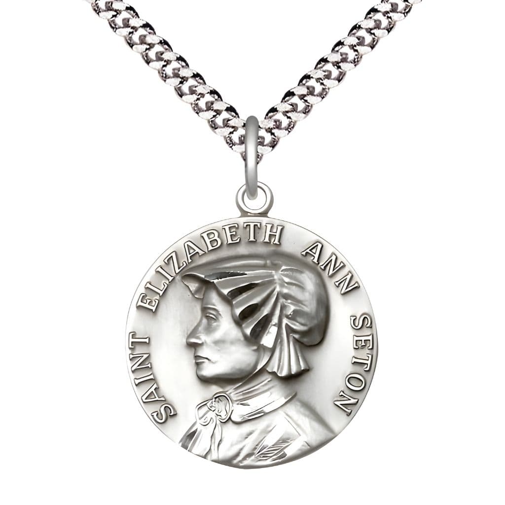 St. Elizabeth Ann Seton Sterling Silver Round Medal Pendant with Rhodium-plated Chain, Measures 1-inch tall by 7/8-inch wide.