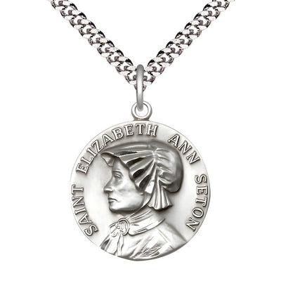 St. Elizabeth Ann Seton Sterling Silver Round Medal Pendant with Rhodium-plated Chain, Measures 1-inch tall by 7/8-inch wide, Bliss Manufacturing