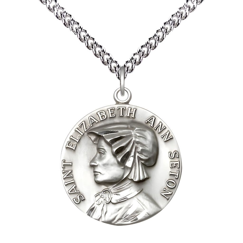 St. Elizabeth Ann Seton Sterling Silver Round Medal Pendant with Sterling Chain, Measures 1-inch tall by 7/8-inch wide.