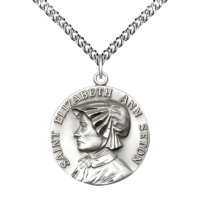 St. Elizabeth Ann Seton Sterling Silver Round Medal Pendant with Sterling Chain, Measures 1-inch tall by 7/8-inch wide, Bliss Manufacturing