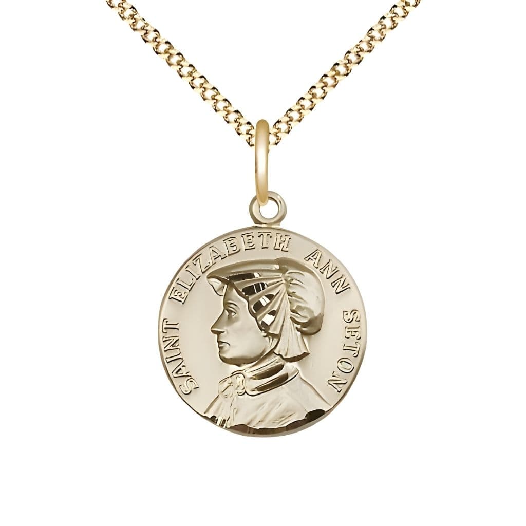 St. Elizabeth Ann Seton 14kt Gold-filled Round Medal Pendant with Gold-plated Chain, Measures 3/4-inch tall by 5/8-inch wide.